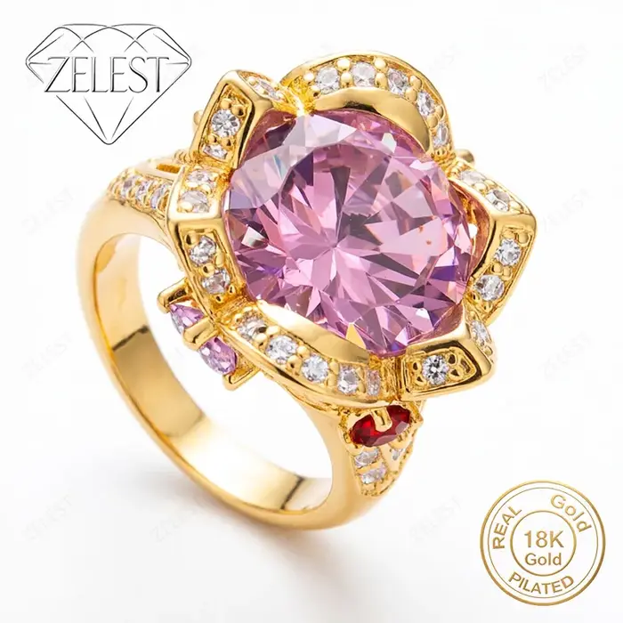 Bague en argent sterling 925 plaqué or 18 carats avec zircon rouge/rose de luxe pour femmes, accesso