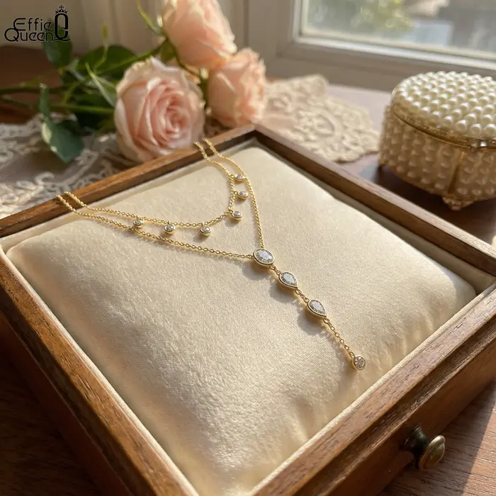 Collier en forme de Y en Zircon Bleu ou Violet avec Chaîne en Argent Sterling 925 Bijou Femme Occasions Spéciales Tendance Mode