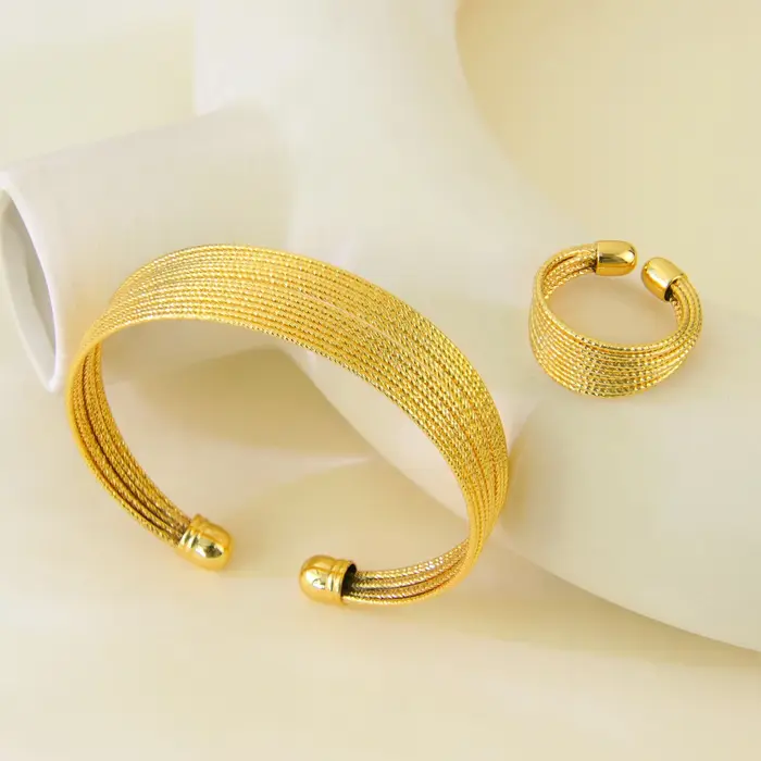 Bijoux de mariage Vintage turcs, ensemble de bagues et bracelets plaqués or 24 carats, bracelets d'o