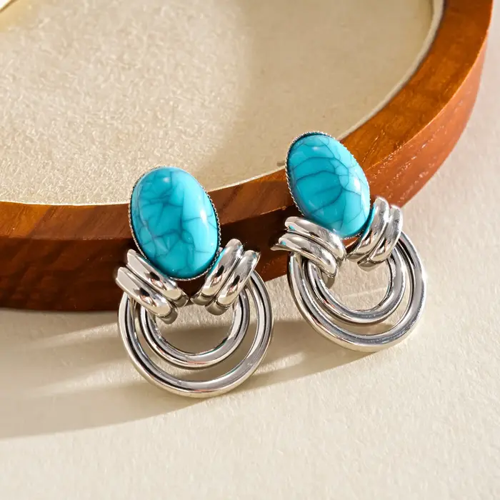 Boucles d'oreilles en résine bleu Turquoise, Style rétro incrusté de fleurs en Zircon, bijoux de tem