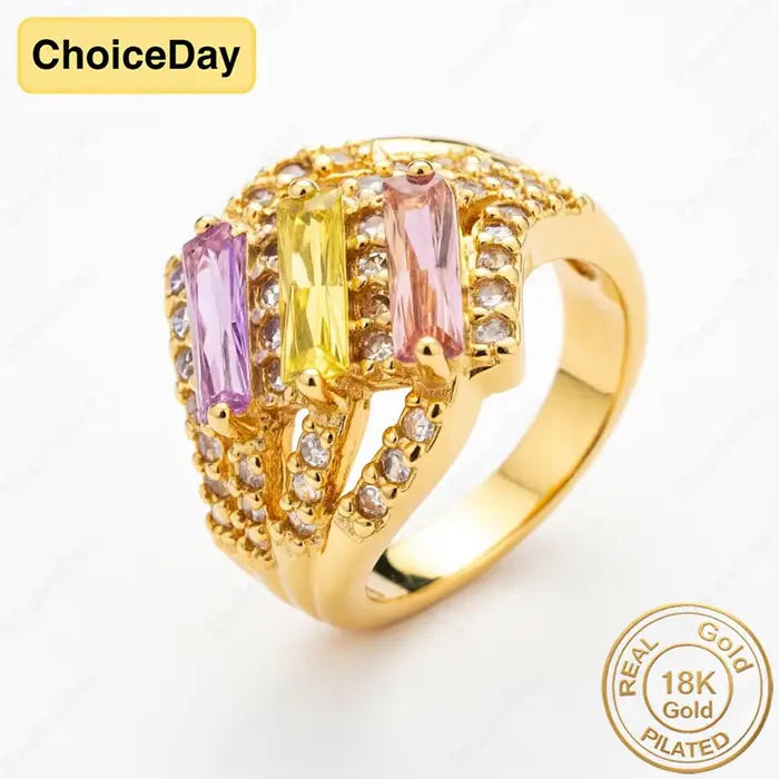 Bague élégante en or plaqué 18 carats, tricolore, avec pierres précieuses en zircon, pour femmes, bi