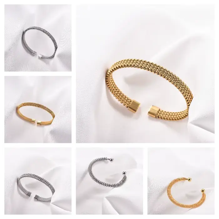 Bracelet ouvert minimaliste en maille tressée acier inoxydable plaqué or argent moderne pour homme femme occasions spéciales