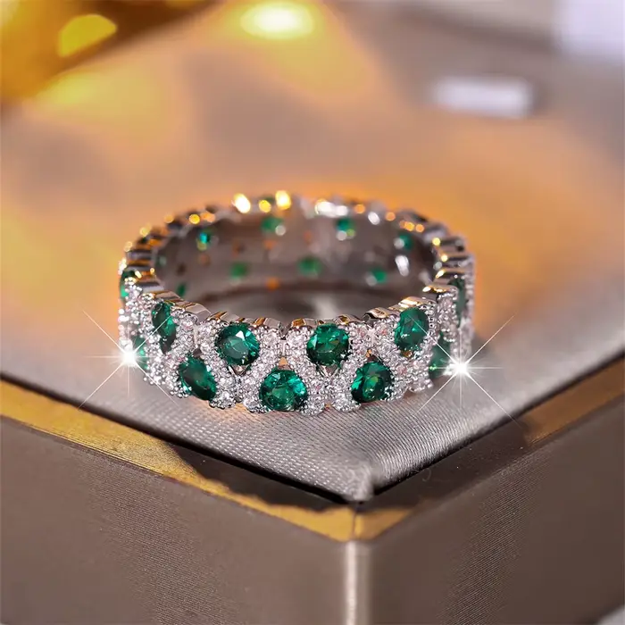 Bague de fiançailles en pierre ronde en cristal vert pour femmes, bague de mariage en Zircon Rose ro
