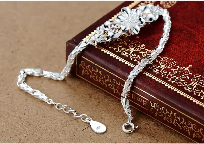 Bracelet de Mariage Élégant pour Femme en Argent Sterling 925 avec Chaîne et Fleur – Vente en Gros