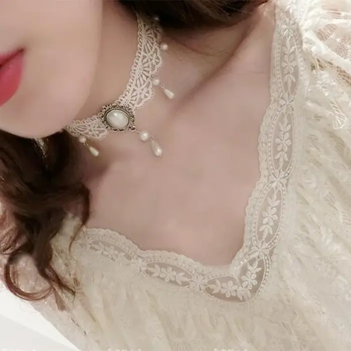 Collares mujer corchassis-Collier ras du cou en velours blanc pour femme