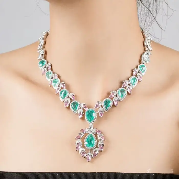 Parure de bijoux rose et vert de luxe léger, collier et boucles d'oreilles élégants, pour mariée, robe de soirée, cadeau pour femme