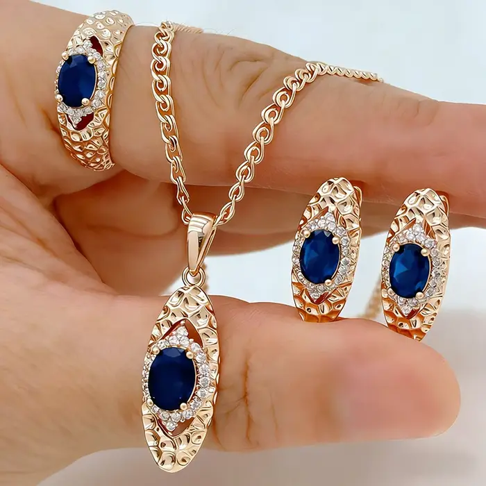 Kinel – Nouveauté : Parures de bijoux en zircon bleu naturel brillant pour femme, couleur or rose 58