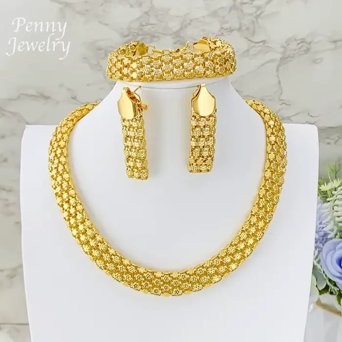 Ensemble de bijoux africains pour femmes, collier épais, boucles d'oreilles, Bracelet, plaqué or 18 