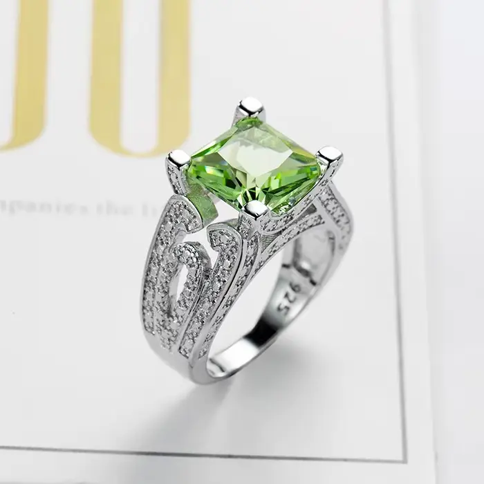 Bague de mariage de luxe pour femme, grand cristal vert, couleur argent, Zircon, carré, bijoux, cadeau pour petite amie