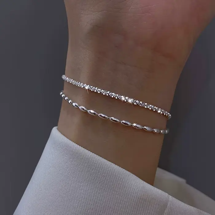 Bracelet double couche en argent Sterling 925 à perles blanches et motif géométrique pour femme
