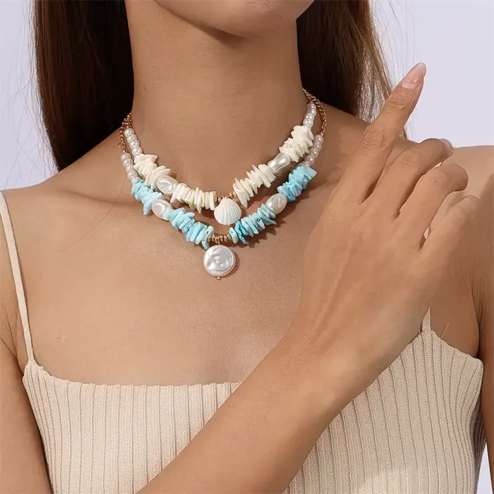 Collier de perles imitations en forme de coquillage fait main pour femmes romantique classique trendy océan plage vacances bijoux décoration