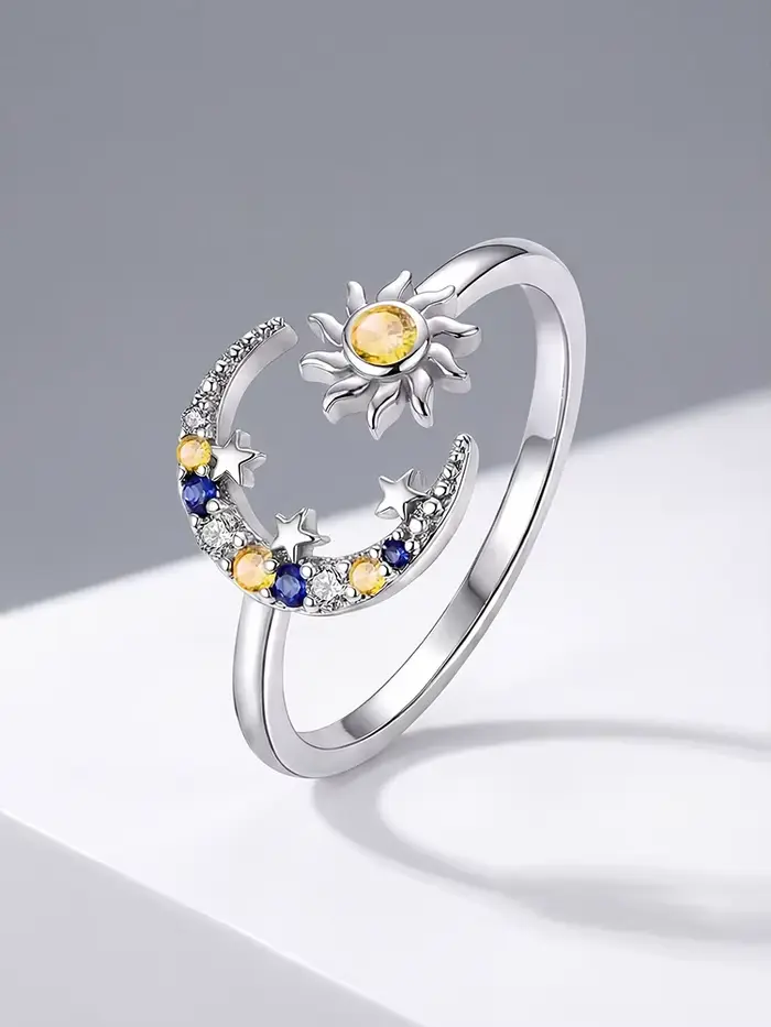 Bague réglable classique lune et soleil en argent sterling 925 pour femme, pour les fêtes, le quotid