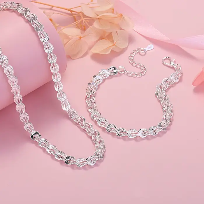 Nouveau 925 argent Sterling exquis tour gravé motif chaîne bracelet collier ensemble de bijoux femme