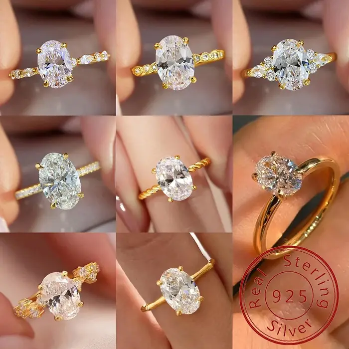 Bague ronde ovale dorée en argent Sterling 925 et Zircon pour femmes