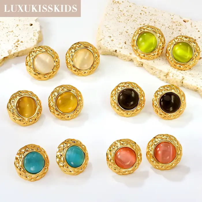 LUXUKISSKIDS Vintage opale boucles d'oreilles rondes de luxe Oblate blanc pierre boucles d'oreilles en acier inoxydable Piercing femme Premium bijoux