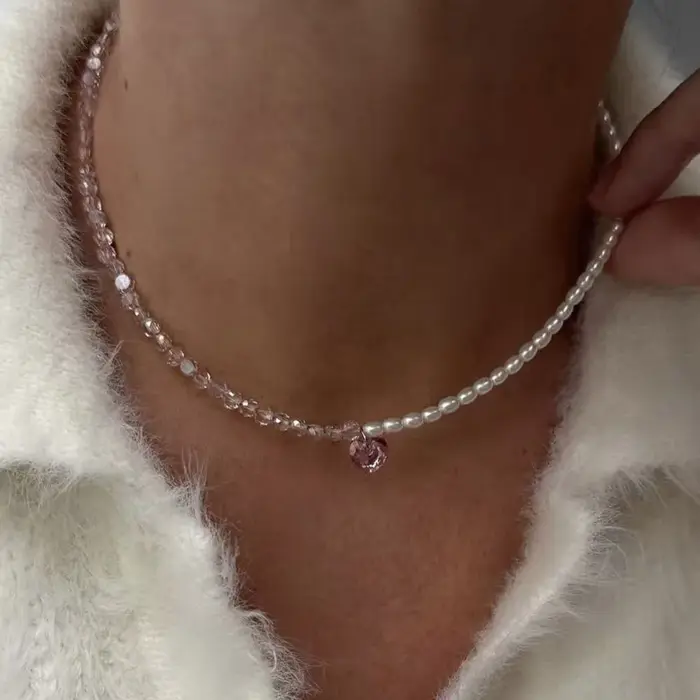 Collier pendentif chaîne à pampilles cristal et perles imprimées style bohème cadeau occasion spéciale femmes anniversaire saint valentin
