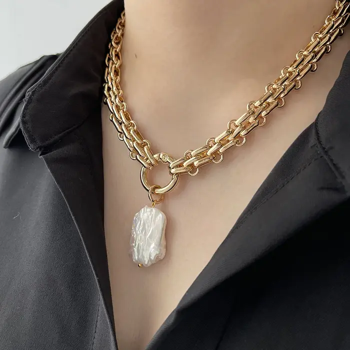 Ghidbk grand carré naturel perle d'eau douce pendentif grosse chaîne collier pour femmes Vintage élé