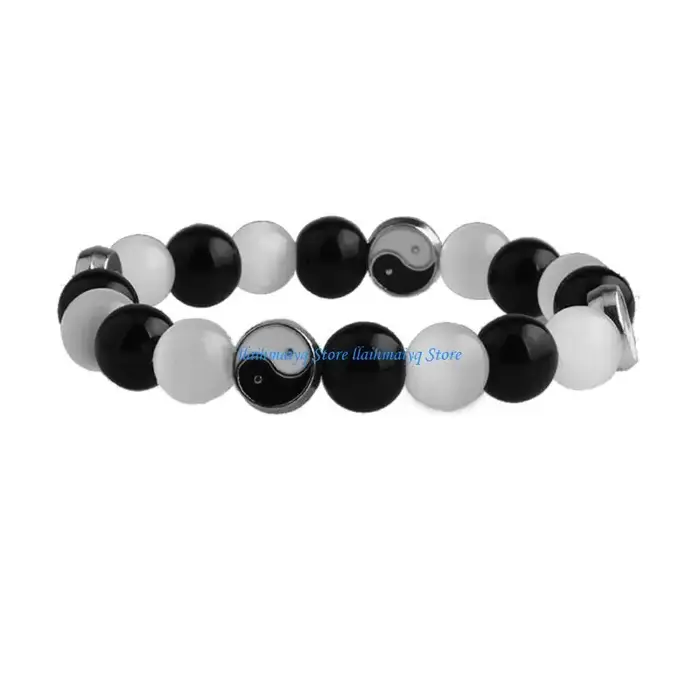 573b Naturel Stone Amitié Yin Yang Bracelet Black Agate Crystal