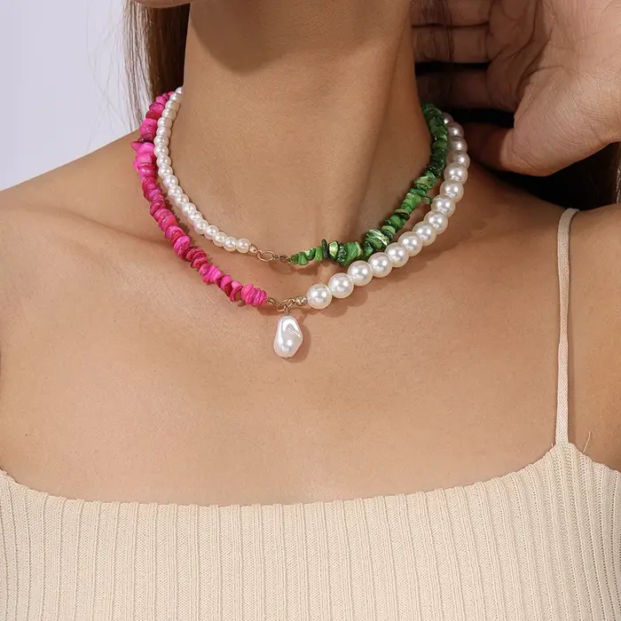 Collier de perles de plage d'été pour femmes, 2 pièces, ras du cou en perles de pierre colorée, bijo