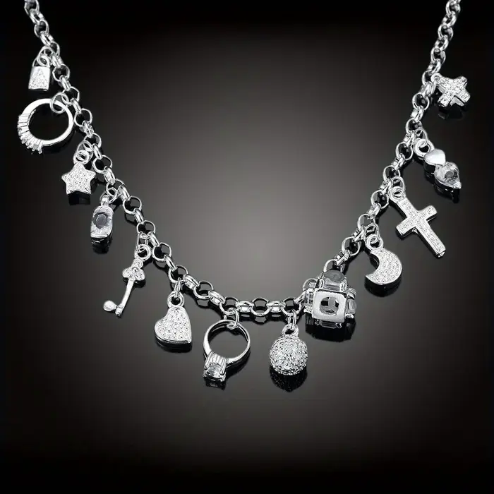 Breloques 925 en argent sterling 45 cm 18 pouces chaîne collier pendentif multi-éléments pour femmes hommes dame mode croix/lune/étoiles/serrure/clé