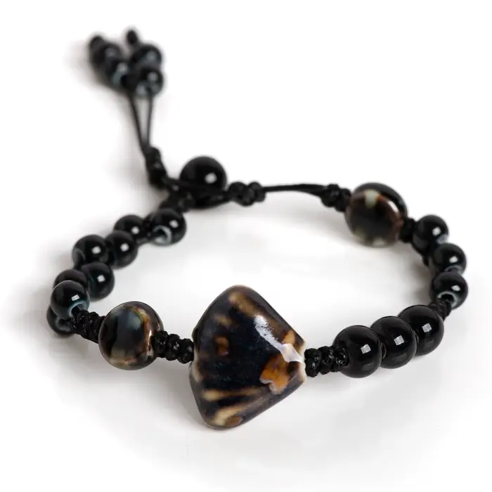 Bracelet festonné en céramique fait main, réglable, vintage, perles noires, bijoux minimalistes pour