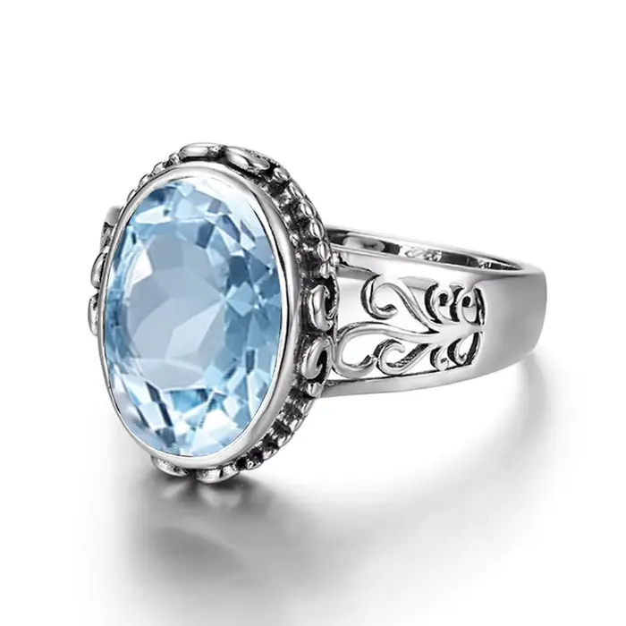 Bague classique vintage en argent 925 aigue-marine pour femme