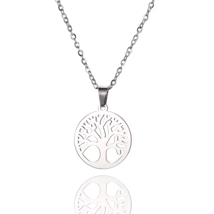 Arbre de vie femmes Collier pendentif rond en acier inoxydable Collier femmes élégant cercle arbre B
