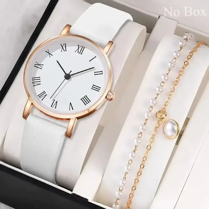 Montre à quartz analogique brillante en cuir PU pour femme, montres pour femme, cadran simple, luxe, mode, 2 pièces, ensemble