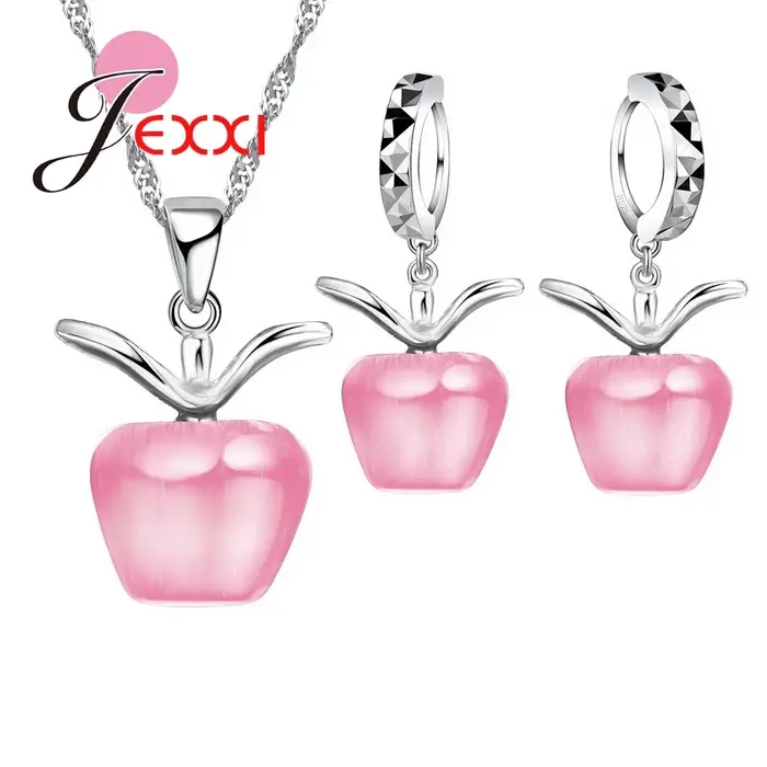 Collier pendentif en pierre d'yeux de chat de pomme en argent regardé 925, boucles d'oreilles brilla