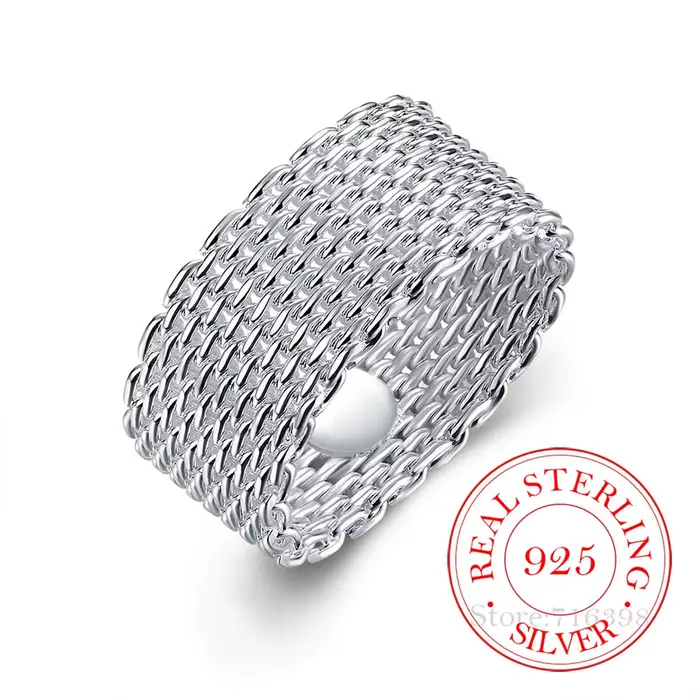 Bagues en argent Sterling 100% et 925 pour femmes, anneau large tissé en argent, cadeau de mariage d