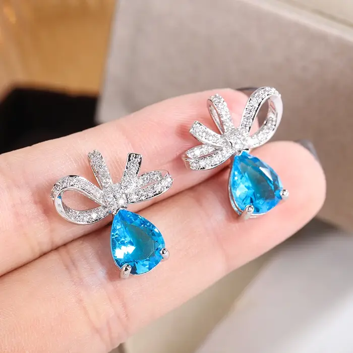 Boucles d'oreilles plaquées argent 925 en Zircon bleu AAAA pour femmes, bijoux de fête à la mode, bo