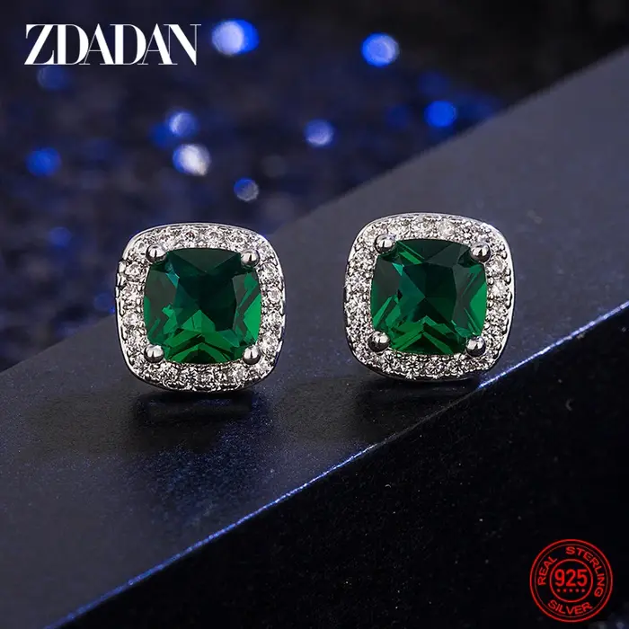 ZDADAN 925 argent Sterling 9mm carré émeraude boucle d'oreille pour les femmes bijoux de mode