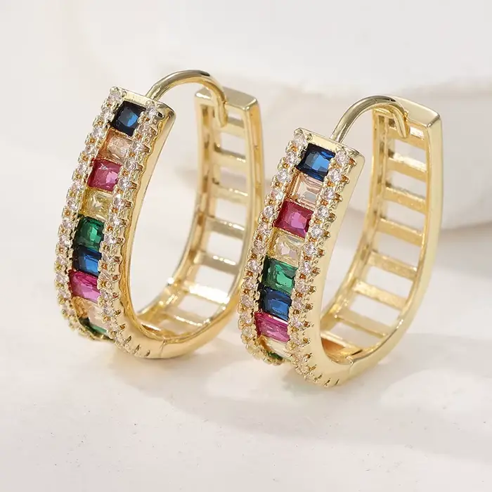 Boucles d'oreilles de luxe en Zircon multicolore incrusté carré de couleur or pour femmes, cerceau d