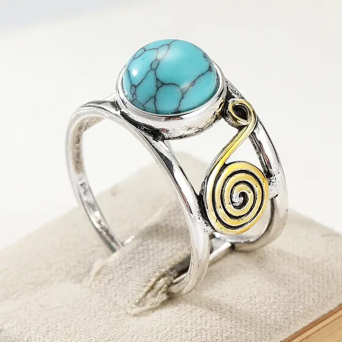 Bague bohème pour femme en imitation turquoise incrustée, vintage, bicolore, sculptée à la main, spi