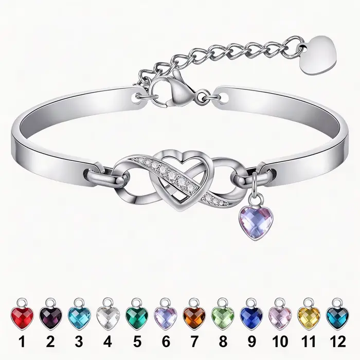 Bracelet Cœur Infini pour Femme, Jonc Ajustable en Acier Inoxydable Argenté, Bijou Breloque Pierre d