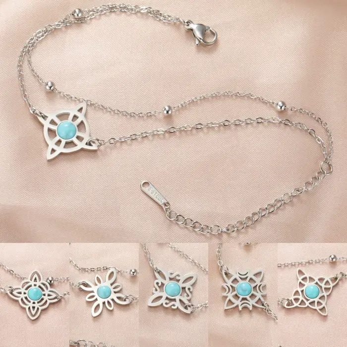 LIKGREAT-Bracelet double noeud de sorcière celtique pour femme, breloque croissant de lune, pierre bleue, acier inoxydable, bijoux, cadeau de Noël