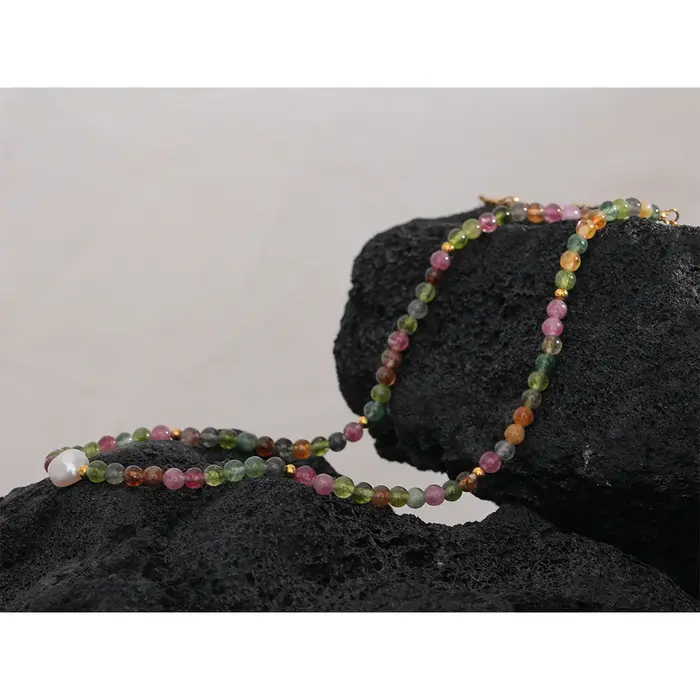 Pendentif Tourmaline Naturelle Multicolore Bijoux Luxe Femme Collier en Acier Inoxydable à la Mode Occasions Spéciales