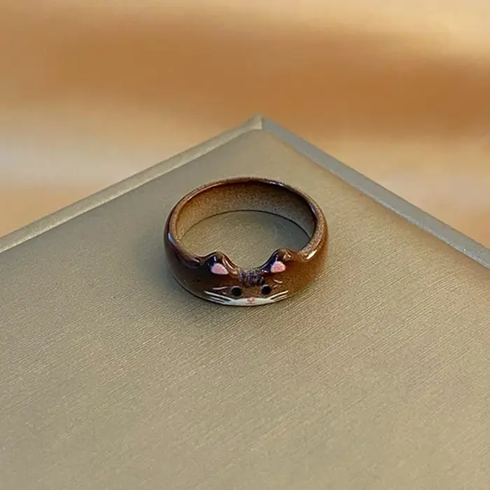 Bague pour femme en émail motif chat mignon