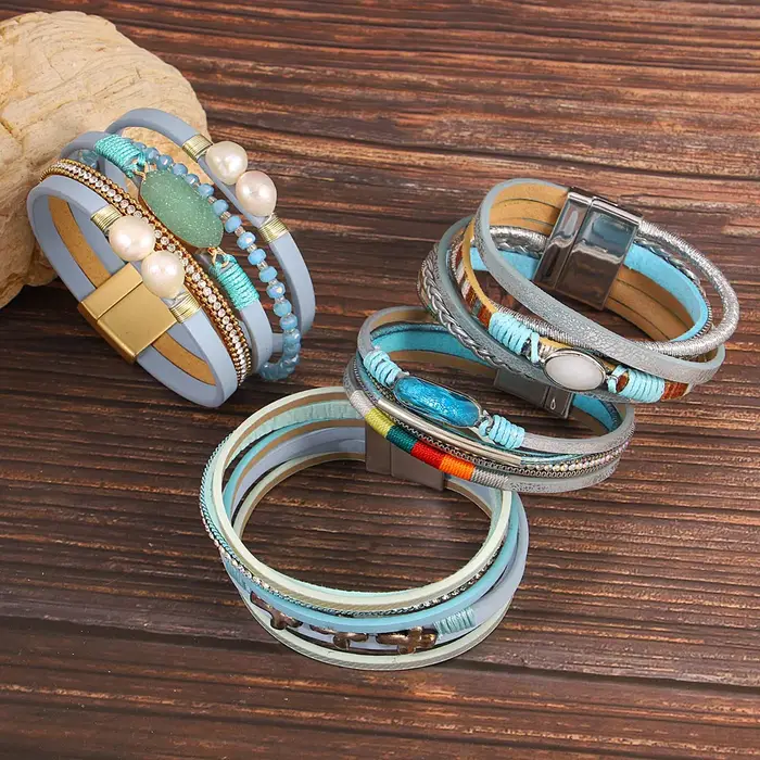 ALLYES Vintage Bracelet en cuir bleu pour femmes Boho étoile perle cristal tressé multicouche Wrap