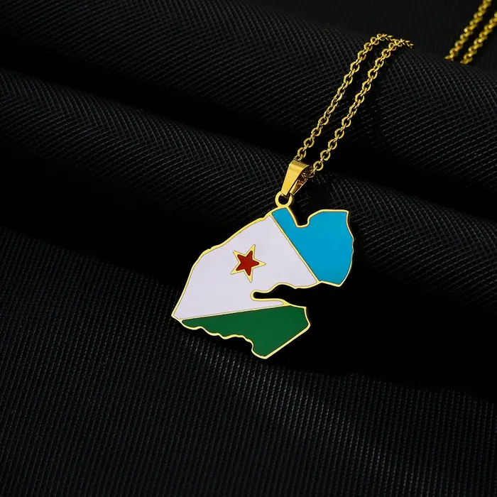 Nouveau Collier Carte de Djibouti en Acier Inoxydable Émaillé, Vente Chaude 2025 US/UE, Bijou Ethniq