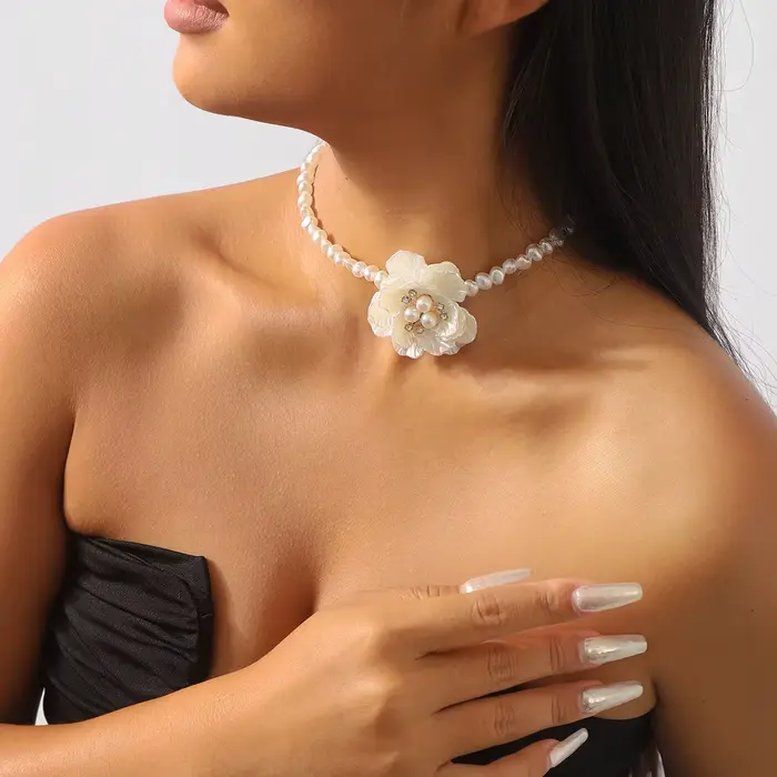 Collier fleur de camélia élégant, tour de cou, collier de perles, mode, clavicule, bijoux, accessoir