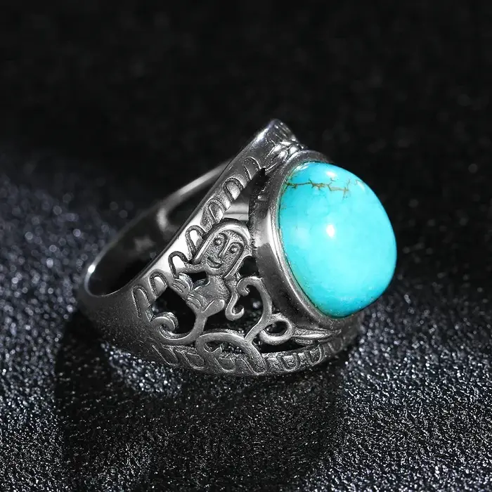 Bagues rétro en turquoise naturelle plaquées argent pour femmes et hommes