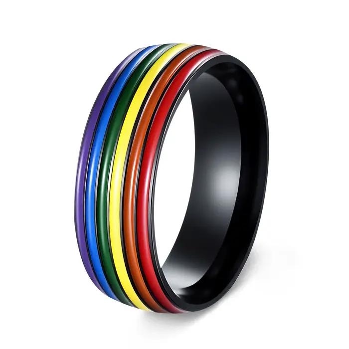 Bague en acier inoxydable unisexe avec motif drapeau LGBT+ pour cérémonies de fiançailles et mariages occassions spéciales