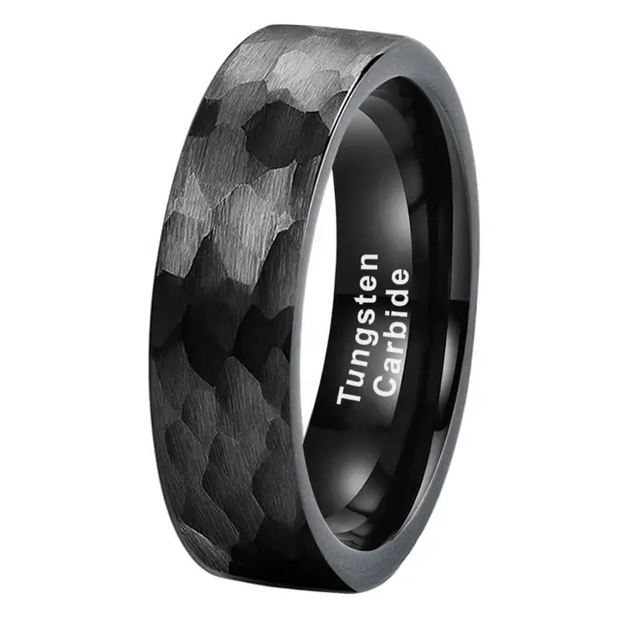 Bague en carbure de tungstène martelé noir pour hommes et femmes, alliance de fiançailles, mode