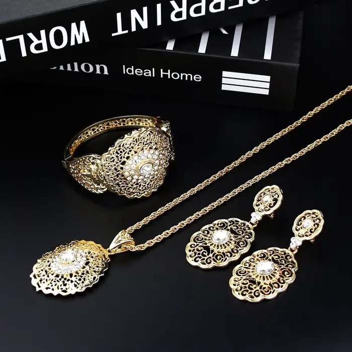 Sunspicems ensemble de Bijoux de mariage algérien et marocain couleur or boucles d'oreilles goutte manchette Bracelet pendentif collier de mariée arabe
