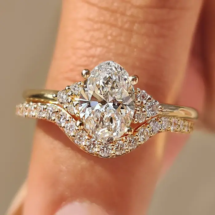 Bague de fiançailles en or massif 18K/14K avec diamant ovale de laboratoire 2.0CT, ensemble de bague