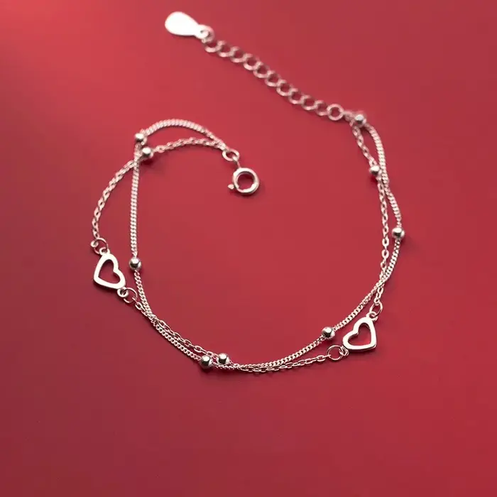 Bracelet en argent sterling 925 forme cœur double couche perles pour femmes et filles cadeau fête romantique vintage design coréen