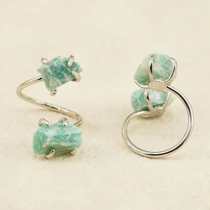 Bague en pierre brute d'amazonite pour femmes et filles, style bohème, double pierre, ajustable, cadeau parfait pour les occasions spéciales et les soirées