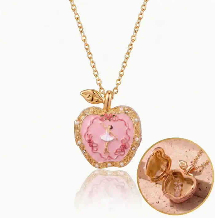 Collier pendentif boîte à ouverture et fermeture en forme de pomme rose doré pour femmes et filles, 