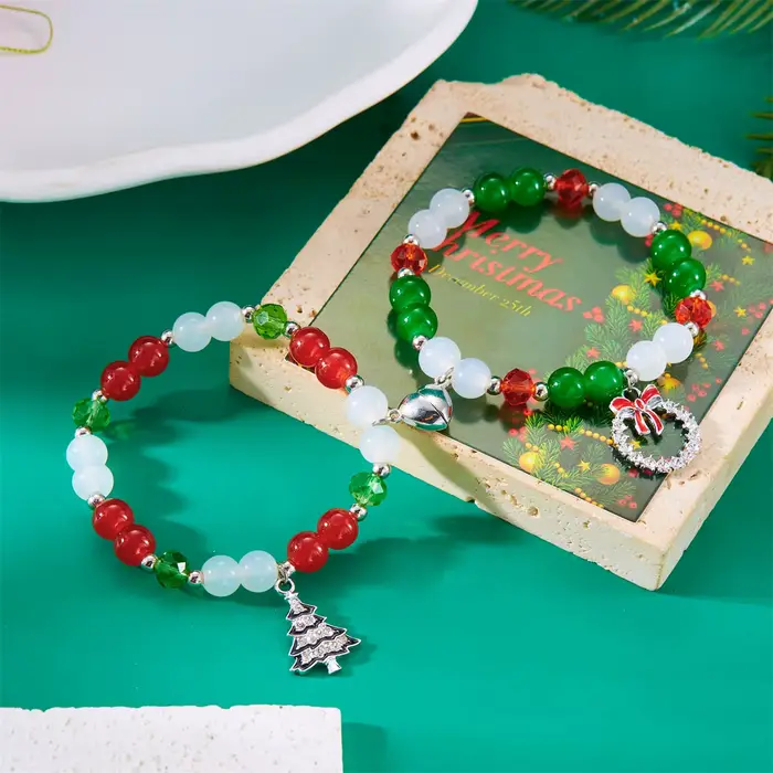 Bracelet de couple de perles de cristal de Noël pour femmes et hommes, vert, rouge, père Noël, arbre, coeur, perles de verre magnétiques, bracelet, bijoux de Noël